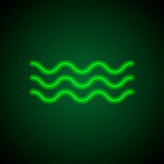 Water waves simple icon. Flat desing. Green neon on black background with green light.ai