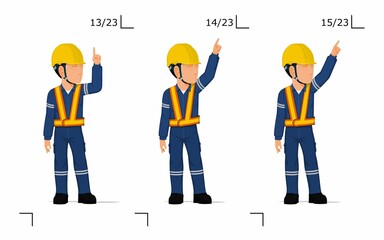 An industrial worker is explaining something over his head