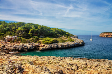 Landscape with rocks over the sea under the sky.Mallorca island