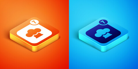 Isometric Chef hat icon isolated on orange and blue background. Cooking symbol. Cooks hat. Vector