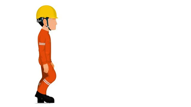 An industrial worker is walking on white background
