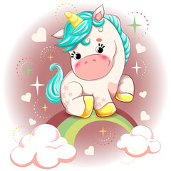 Obraz na płótnie Canvas Vector illustration of a cute unicorn sitting on a rainbow with clouds on a background of multi-colored magic stars and hearts can be used as an isolate, in print, polygraphy background as a postcard,
