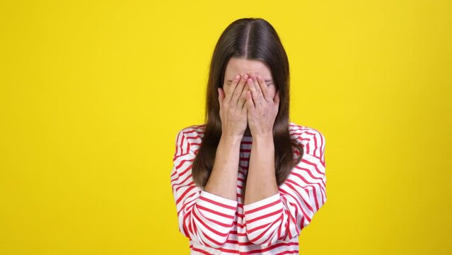 Frustrated lady have trouble sob rub eyes isolated shine color background