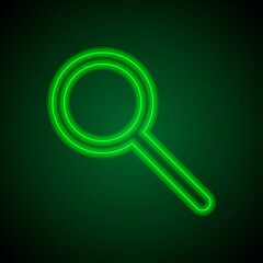 Magnifier, zoom simple icon vector. Flat desing. Green neon on black background with green light.ai