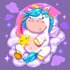 Vector illustration of a cute unicorn sleeping resting in an embrace with a rainbow star on the clouds in the sky on the evening, starry, magic background can be used as an isolate, in print, polygrap