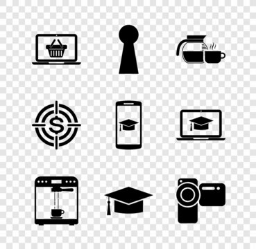Set Shopping basket on laptop, Keyhole, Coffee pot with cup, machine and, Graduation cap and Cinema camera icon. Vector