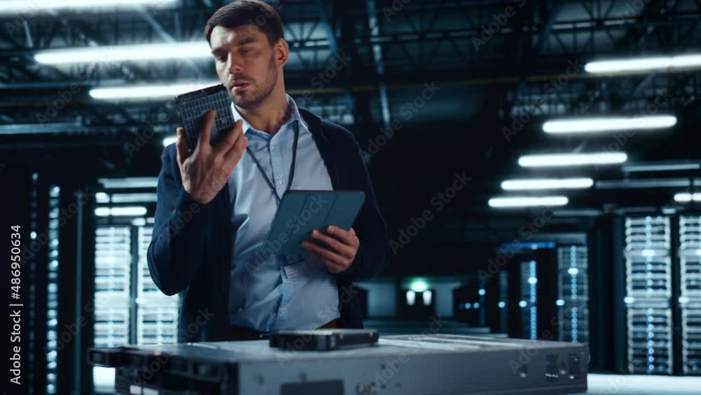 Aufkleber Successful Data Center IT Specialist Using Tablet Computer. Server Farm Cloud Computing Facility with System Administrator Working. Data Protection Engineering Network for Cyber Security.
