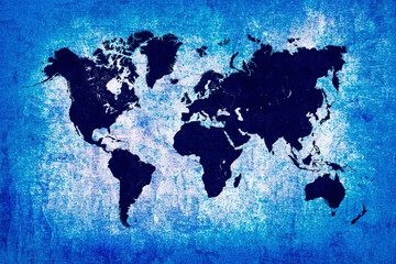 Blue World Map on grunge paper parchment background