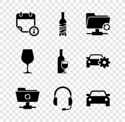 Set Calendar and clock, Bottle of wine, FTP sync refresh, , Headphones with microphone and Car icon. Vector