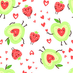Seamless lovely pattern with cute cartoon apples and strawberries