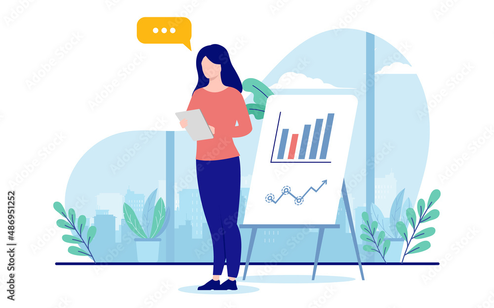 Aufkleber Woman holding business presentation in front of board with chart and graph. Flat design vector illustration with white background