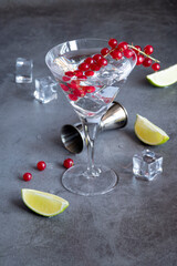 Dry Martini cocktail with red currant on a black stone table.  Martini cocktail prepared by a barman