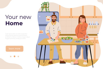 Happy family bought a new house. Cheerful young couple cooking in kitchen of their new home. Real estate agency web banner template. Flat vector illustration