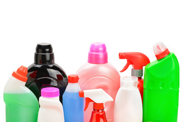 various household cleaning products isolated on a white background.