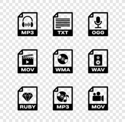 Set MP3 file document, TXT, OGG, RUBY, and MOV icon. Vector