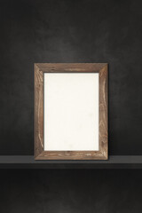 Wooden picture frame leaning on a black shelf. 3d illustration. Vertical background
