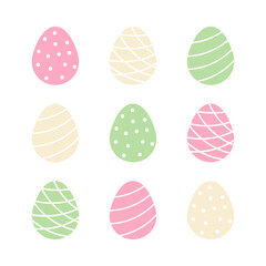 Set, collection of cute pastel colors decorated easter eggs with dots and stripe ornaments.