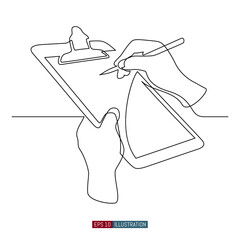 Continuous line drawing of Hands holding clipboard and pencil. Notes on paper. To-do list. Checklist. Template for your design works. Vector illustration.