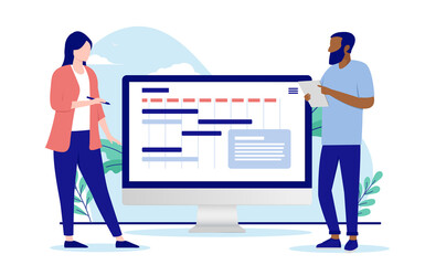 Progression planning - Business man and woman making plans next to computer with calendar and progress plan. Flat design vector illustration with white background