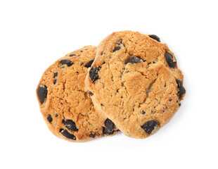 Delicious chocolate chip cookies on white background, top view