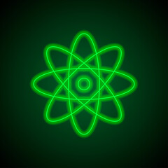 Atom simple icon vector. Flat desing. Green neon on black background with green light