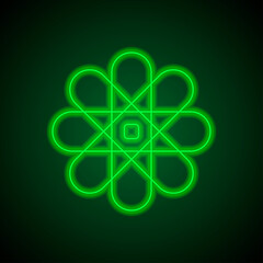 Atom simple icon, vector. Flat desing. Green neon on black background with green light