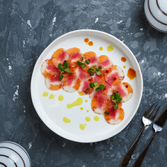 Meat plate on gray background