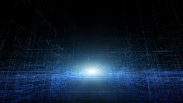 Dark shining detailed black cyberspace digital network with glowing blue lines copy space seamless loop background.