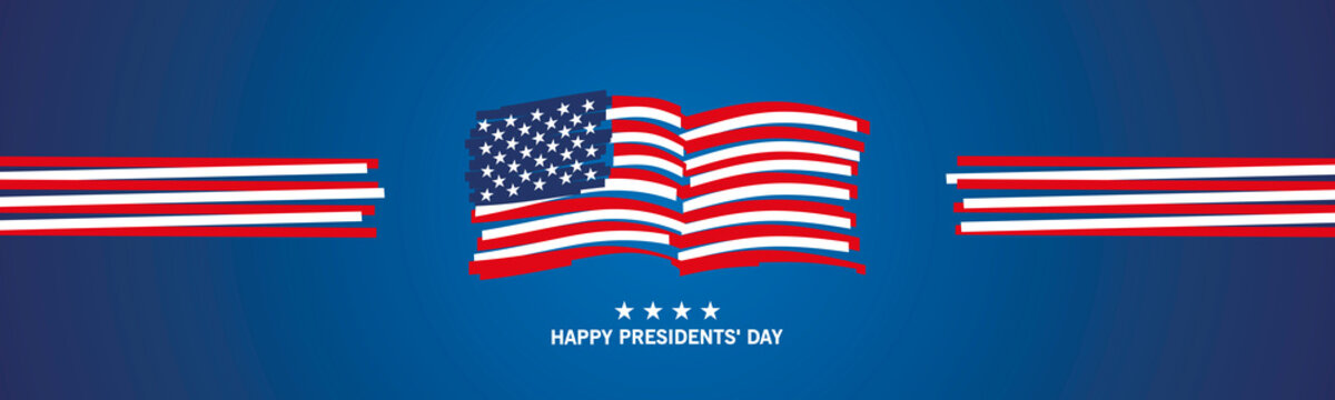 Happy Presidents Day modern art drawing of abstract USA wavy flag icon logo patriotic template blue background