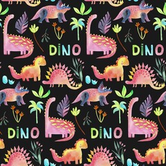Abstract seamless pattern with dinosaur for fabric design. Watercolour drawing. Animal hand drawn background with floral elements. Fabric wallpaper print texture. Cute dino design. © Yana Protsenko