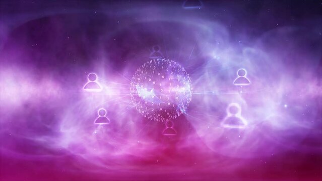 Binary sphere with motion digital icon person symbols in colorful vibrant cyberspace cosmos animation background.