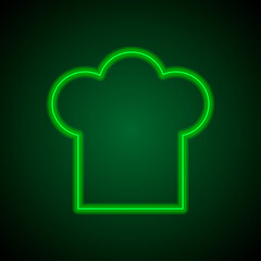 Chef hat, kitchen simple icon. Flat desing. Green neon on black background with green light