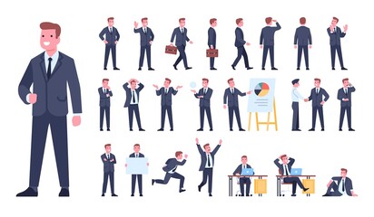 Cartoon businessman character poses. Manager in formal suit. Different gestures and situations. Employee working process. Actions and emotion expressions. Vector worker positions set