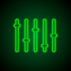 Equalizer, slider simple icon. Flat desing. Green neon on black background with green light