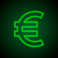 Euro money simple icon. Flat desing. Green neon on black background with green light