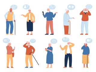 Dementia Alzheimer people. Elderly persons with memory loss or disorientation. Age changes brain. Men or women with mental disease. Cognitive disorder. Vector confusion characters set