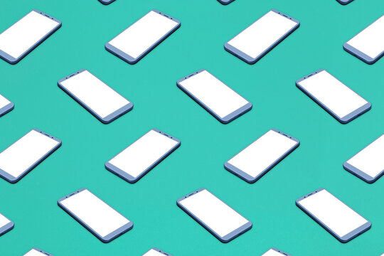 pattern with blank smart phones on light blue surface