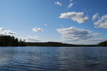 Beautiful clouds landscape over the lake. Above the forest lake, the shores of which are overgrown with green trees and bushes, large cumulus white-gray clouds majestically float.