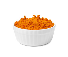 Aromatic saffron powder in bowl on white background
