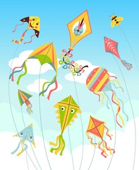 Kites in sky. Bright air toys in clouds, color flying controlled objects on strings, different design bee and smiling faces, hobby and outdoor activity background, vector concept