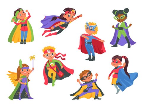 Kids superheroes. Funny little boys and girls wearing colorful costumes with masks, cute brave cartoon children characters in different active poses, power holders, vector set