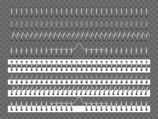 Metal binders. Notebook and calendar 3D clips mockup. Realistic spiral and rings bonding stationery elements. Pages steel fastening. Paper bookbinder. Vector notebook sheets fastens set