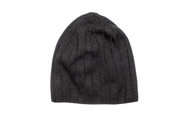 Black wool knitted hat on a white background.Knitted black hat without a collar.