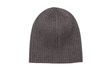 Grey wool knitted hat on a white background.Knitted gray hat without a collar.