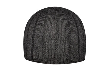 Black wool knitted hat on a white background.Knitted black hat without a collar.