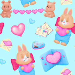 A valentine’s pattern of cute bunnies, hearts, letters, postcards and ceremonial elements and decorations