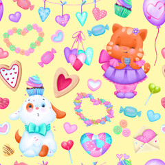 A valentine’s pattern of cute cats and dogs, hearts, sweets and ceremonial elements and decorations