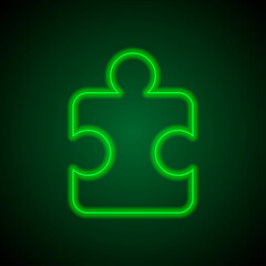 Puzzle simple icon vector. Flat desing. Green neon on black background with green light