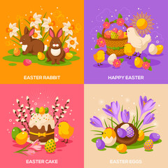 Set of Easter Spring Holiday Concepts. Vector Illustration. Flat Easter Icons. Easter cake, Bunny Rabbit, Easter Egg Hunt, Easter Eggs, Hen and Chicken, Crocus, Basket with Eggs, Willow Tree, Nest