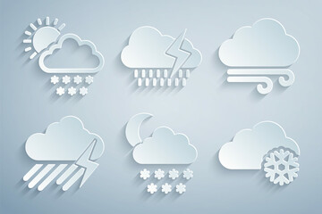 Set Cloud with snow and moon, Windy weather, rain lightning, and sun icon. Vector